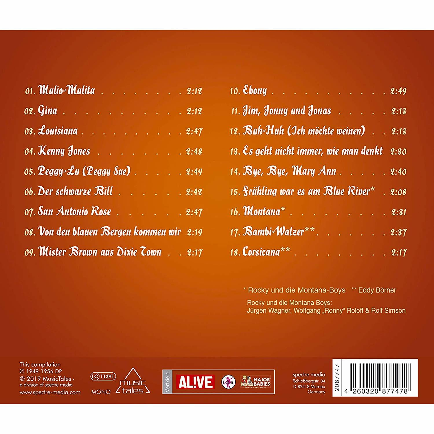 Die Rückseite einer Musik-CD mit einer Liste von Songs und Credits. Der Hintergrund ist gelb.