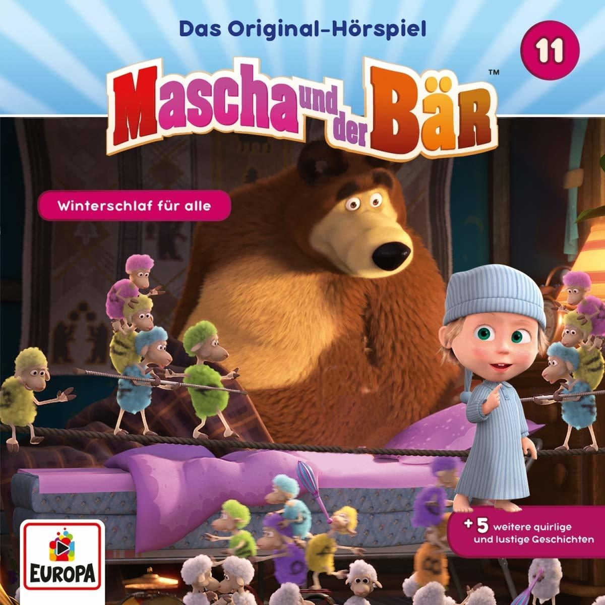Zeichentrick-DVD-Cover für Mascha und der Bär. Enthält den Bären, Mascha und Schafe in einem Schlafzimmer.