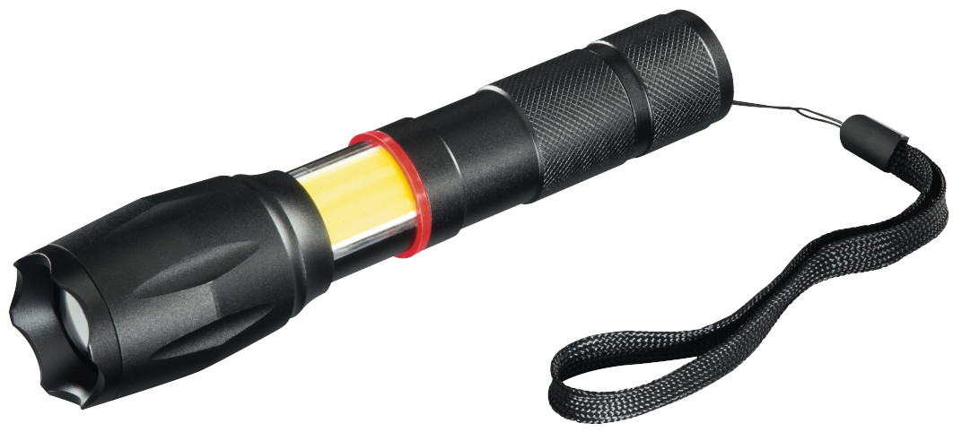 Lampe de poche noire avec une section de lumière jaune et une sangle noire.