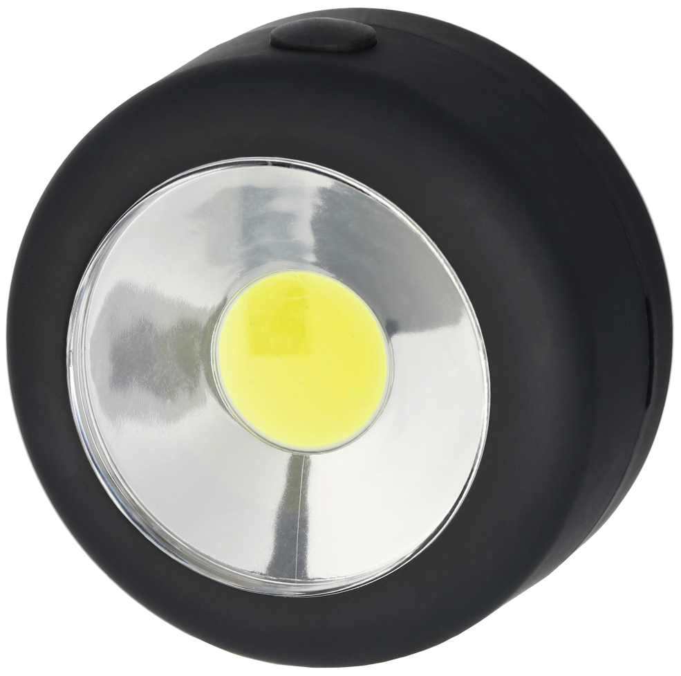 Lumière LED ronde noire. La lumière est noire avec un centre jaune et un bord argenté.