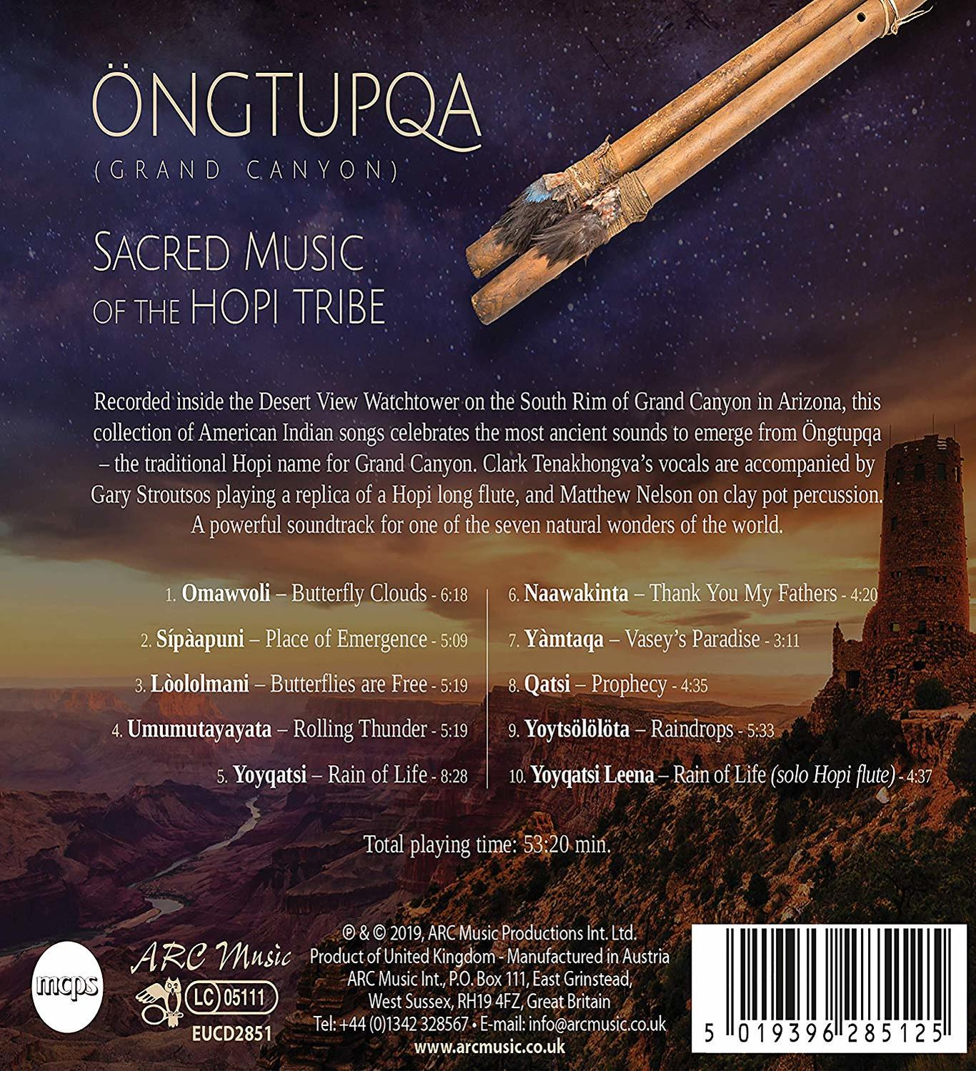 Albumcover: Sacred Music of the Hopi Tribe, mit Text und Bildern einer Flöte und eines Canyons.