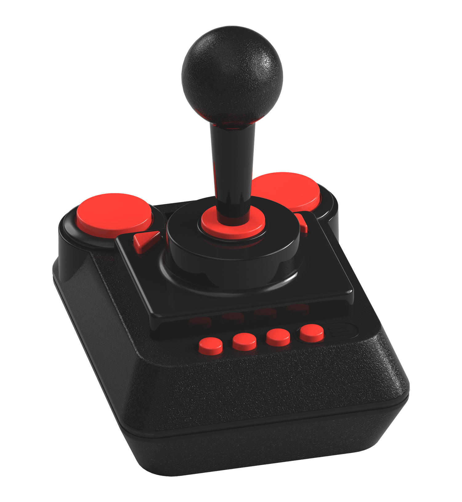 Schwarzer Joystick mit roten Knöpfen und schwarzem Ball oben. Weißer Hintergrund. Retro-Gaming-Controller.