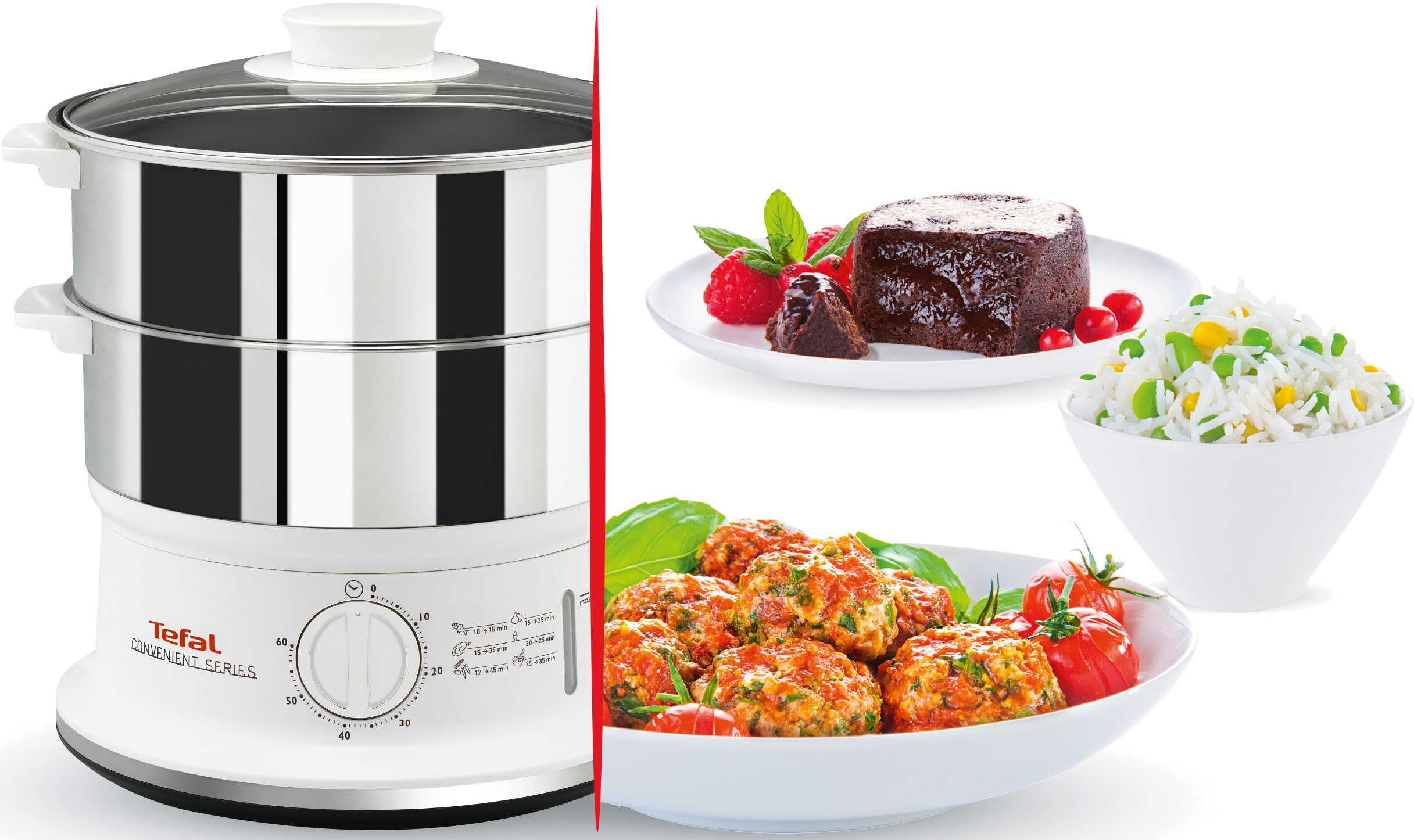 Ein Dampfgarer mit gekochten Gerichten, darunter Kuchen, Reis und Fleischbällchen.