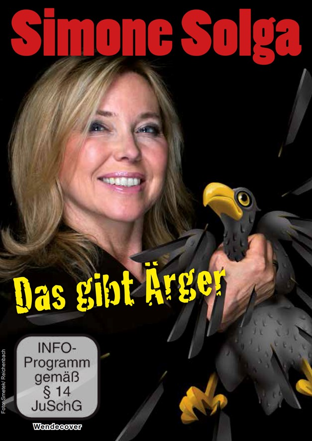 Buchcover mit lächelnder Frau und Comic-Krähe, Text auf Deutsch.