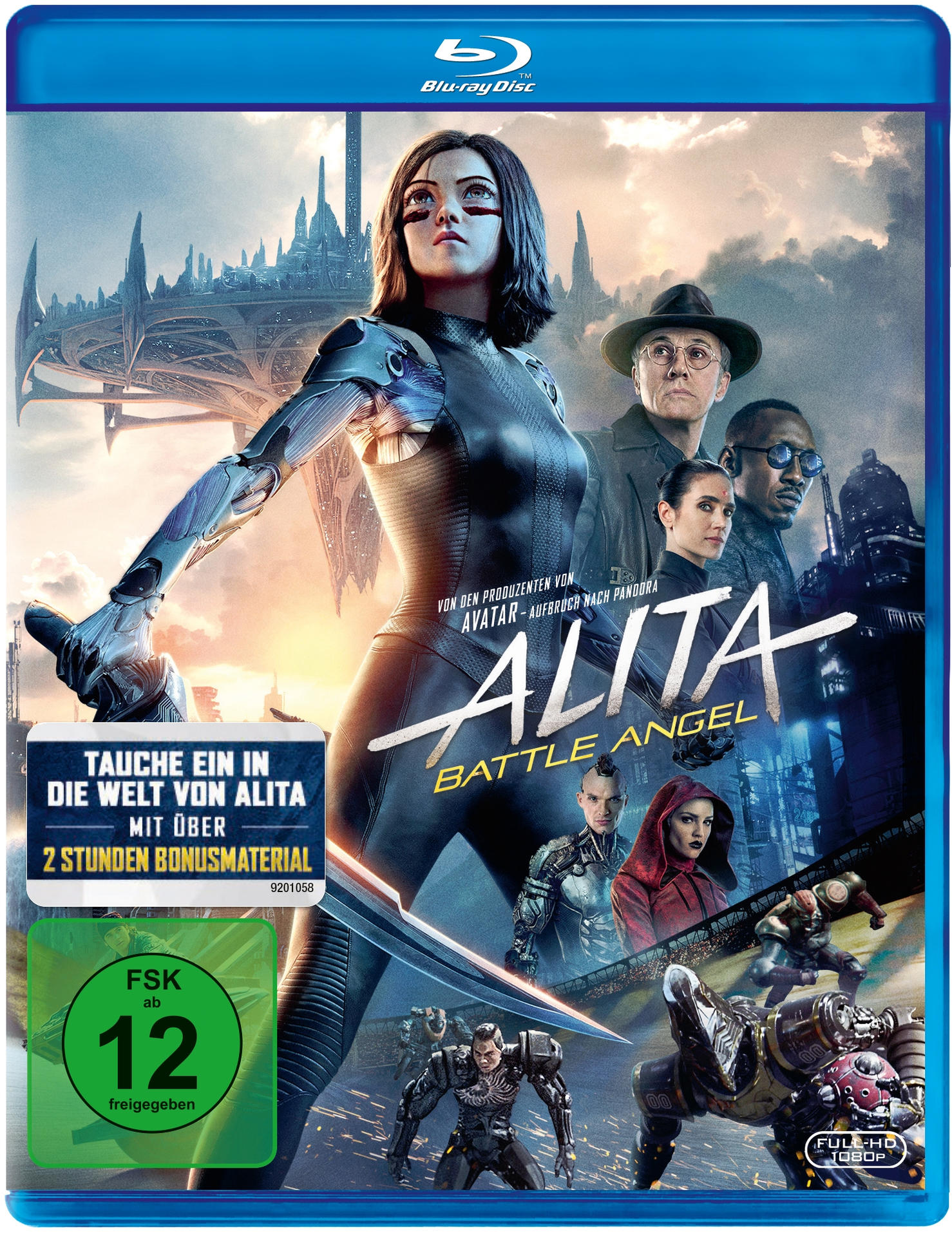 Blu-ray-Cover von 'Alita: Battle Angel': Eine Frau in Rüstung, mit Personen und Text.