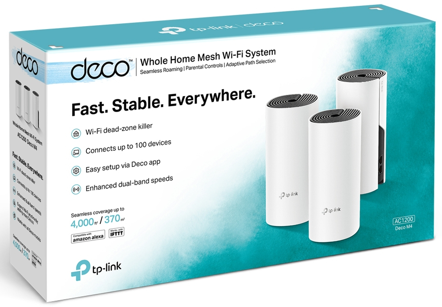 White TP-Link Deco Wi-Fi system box with three units. Text: Fast, Stable, Everywhere.
