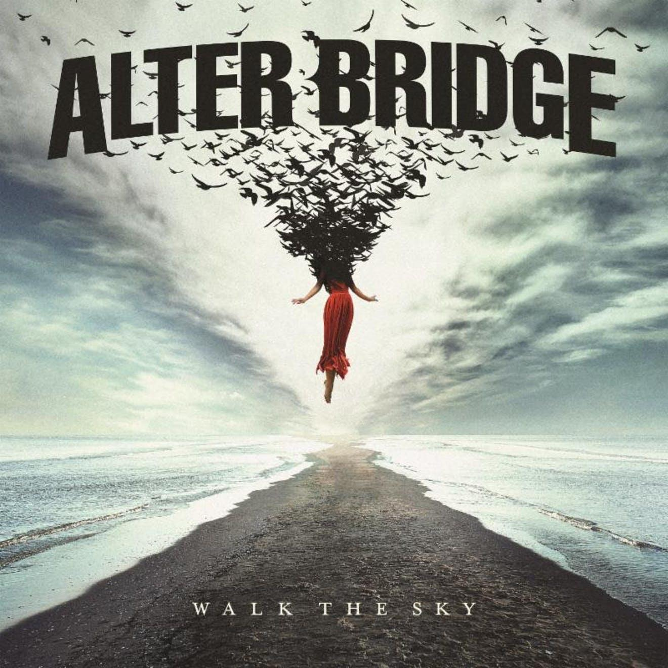 Albumcover für 'Alter Bridge - Walk The Sky'. Eine Frau in rotem Kleid schwebt mit Vögeln über einem Pfad und dem Ozean.