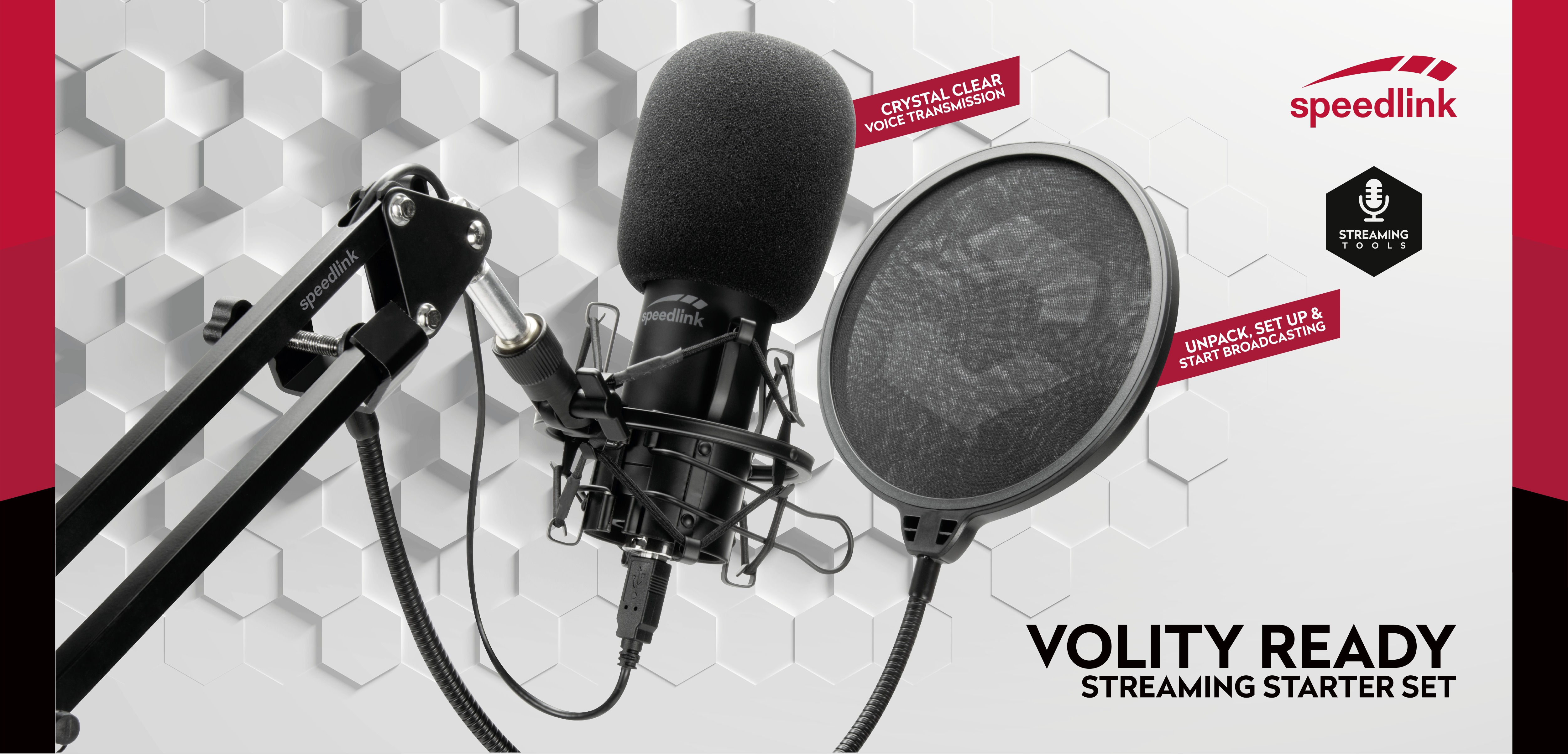 Ein schwarzes Mikrofon und Pop-Filter mit Ständer auf weiß-grauem Muster.