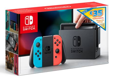 Consola - Nintendo Switch Modelo 2019, 6.2", Joy-Con, Azul y Rojo Neón + Voucher de 35€ Nintendo eShop