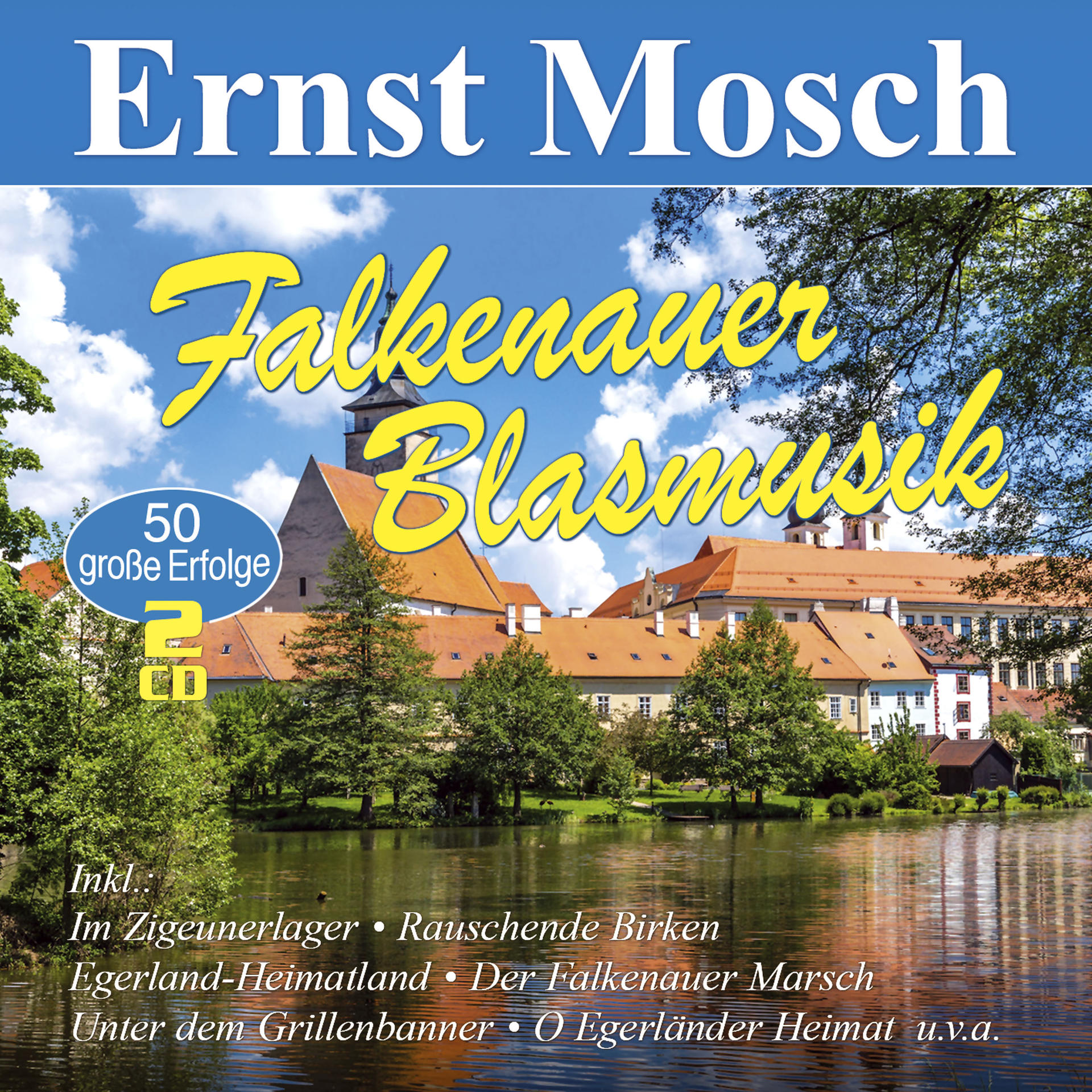Albumcover mit See und Gebäuden. Text: Ernst Mosch, Falkenauer Blasmusik.