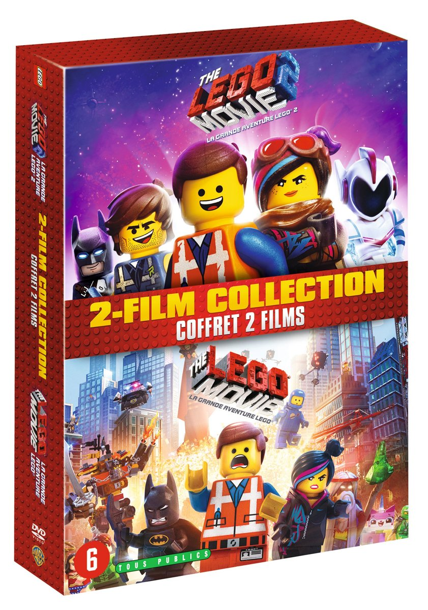 Un boîtier DVD pour 'La Grande Aventure Lego 2' avec une image colorée de personnages Lego. La couverture est rouge.