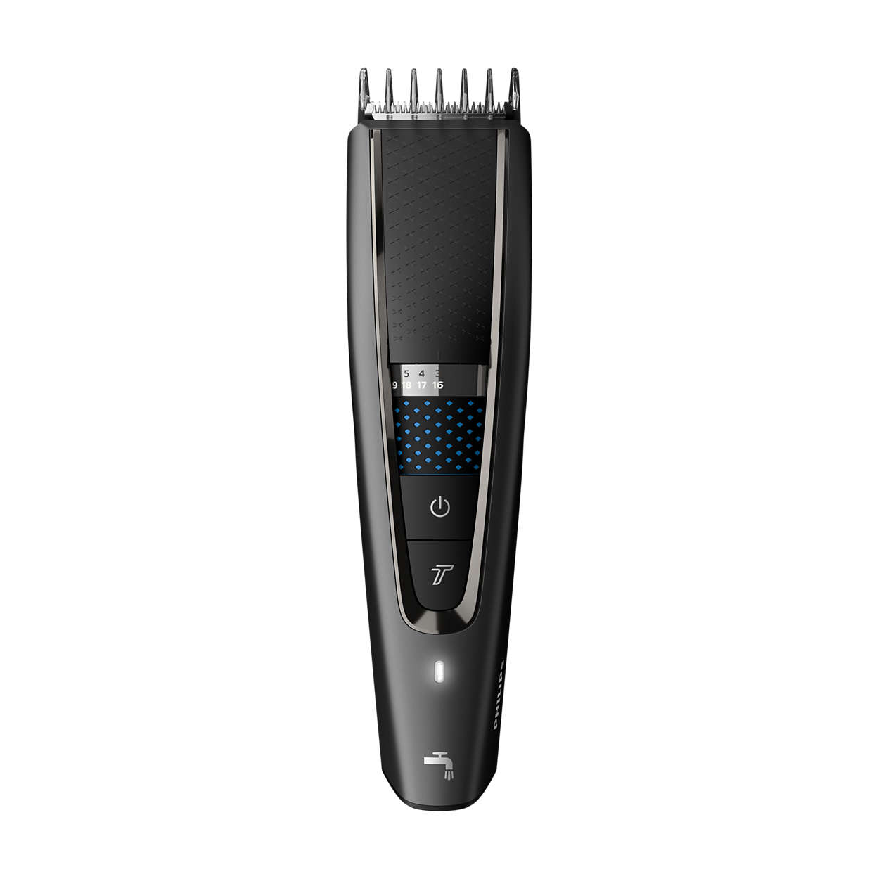 Schwarzer und grauer Philips Haarschneider. Er hat eine digitale Anzeige mit Einstellungen. Der Netzschalter befindet sich darunter.
