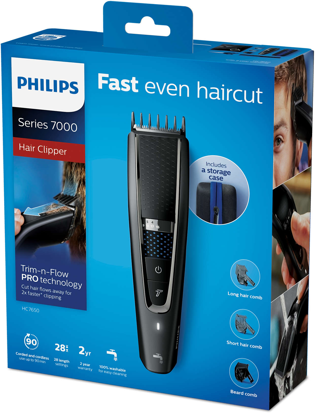 Philips Haarschneidemaschine Box mit Text und einem Bild eines Mannes.