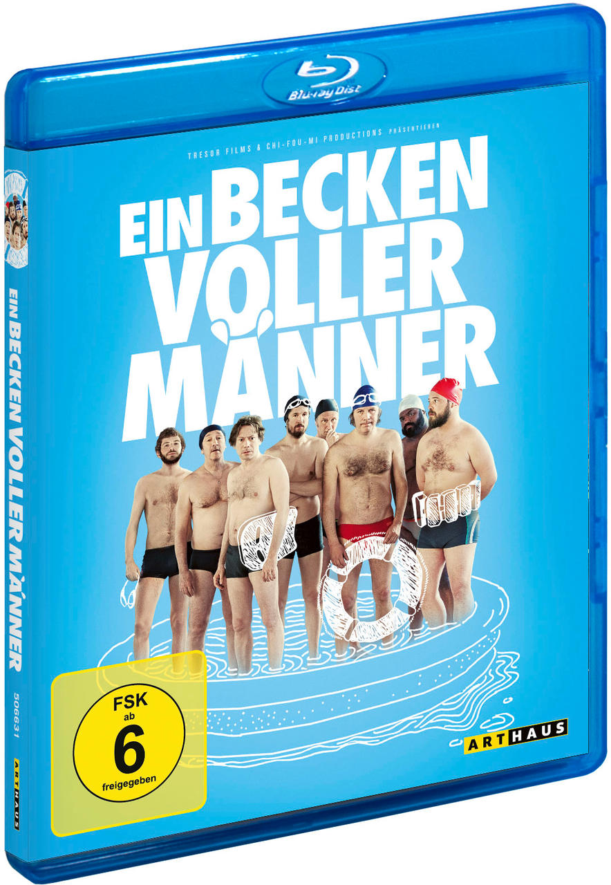 Blu-ray-Cover des Films „Ein Becken Voller Männer“ mit Männern in Badekleidung.