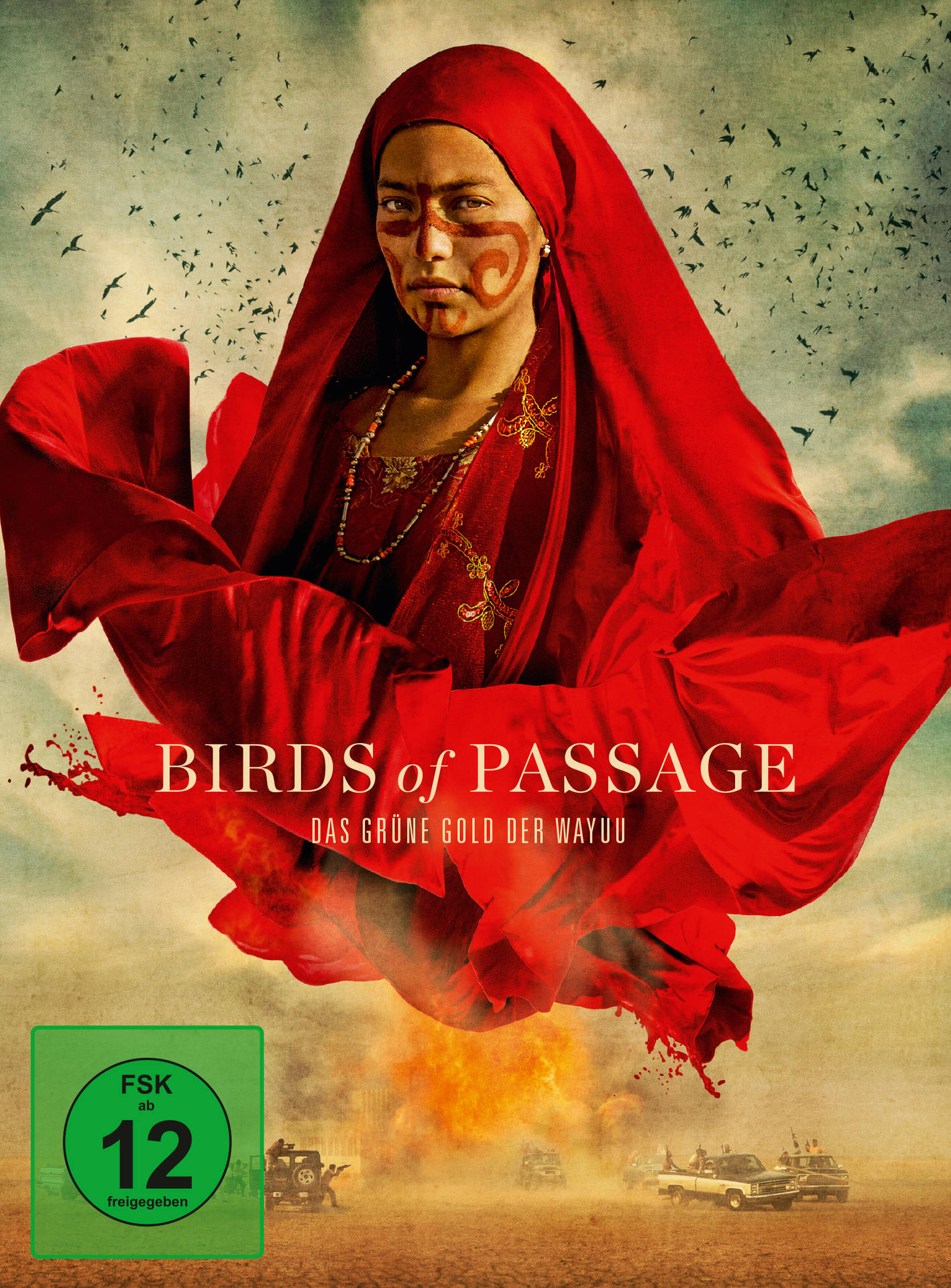 Filmposter mit Frau in Rot, Text und einem Himmelhintergrund.