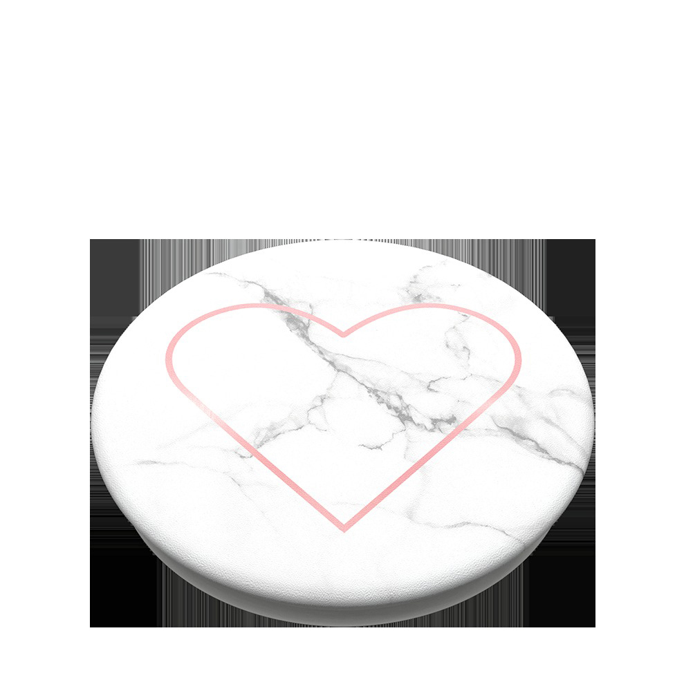 Runder, weißer Pop-Socket mit rosafarbenem Herzumriss und Marmormuster.