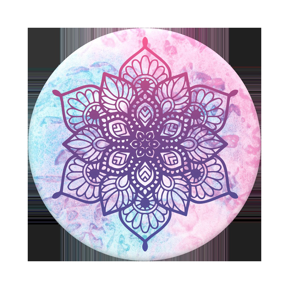 Buntes Mandala-Design auf runder Form mit Farbverlauf-Hintergrund.