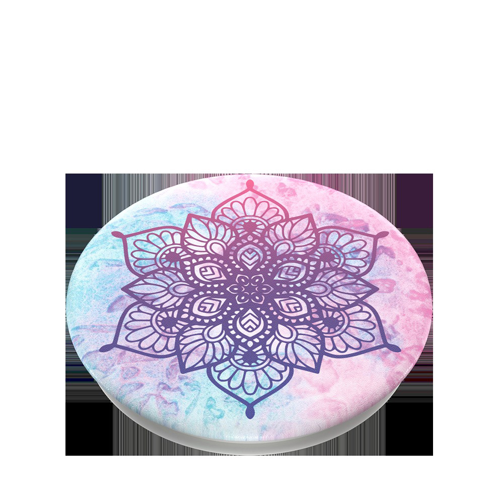 Ein Mandala-Design auf einem runden, bunten PopSocket, mit schwarzem Hintergrund.