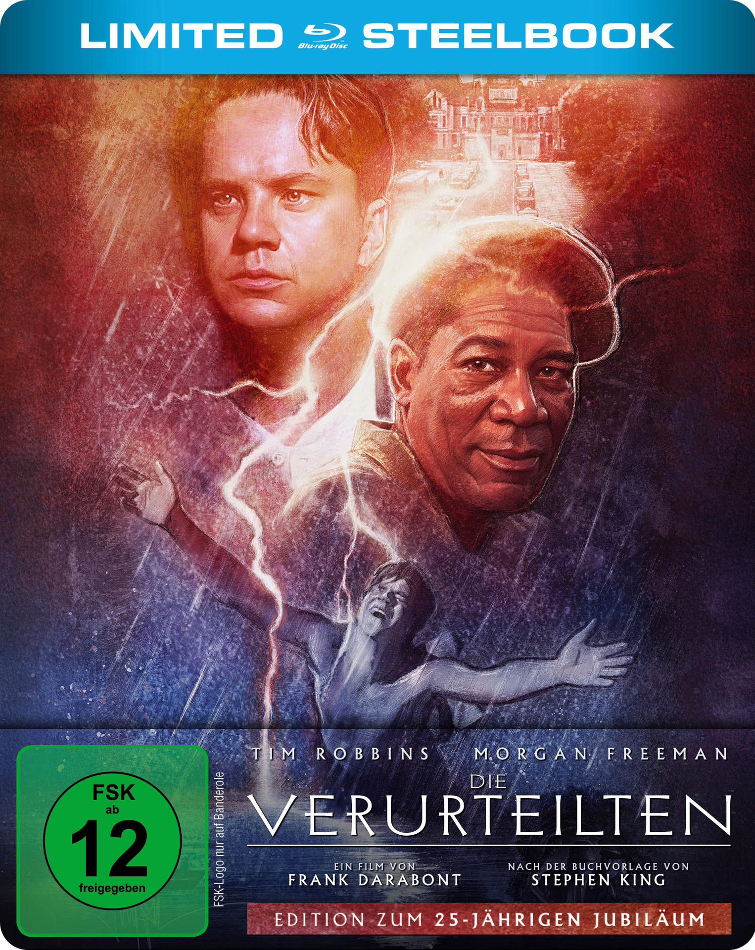Filmposter mit Tim Robbins und Morgan Freeman, Blitz und einem Rating-Abzeichen.