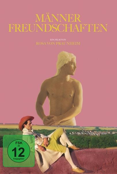 Filmposter mit zwei Männern vor rosa Hintergrund. Einer nackt, der andere im Anzug.