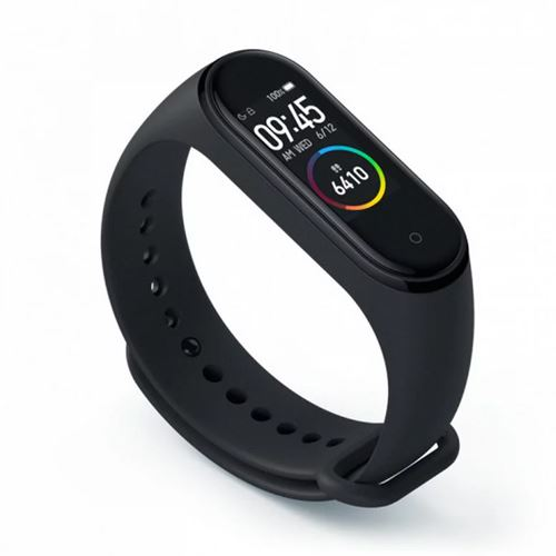 Una pulsera inteligente negra, que muestra la hora y los pasos dados, con una banda negra.