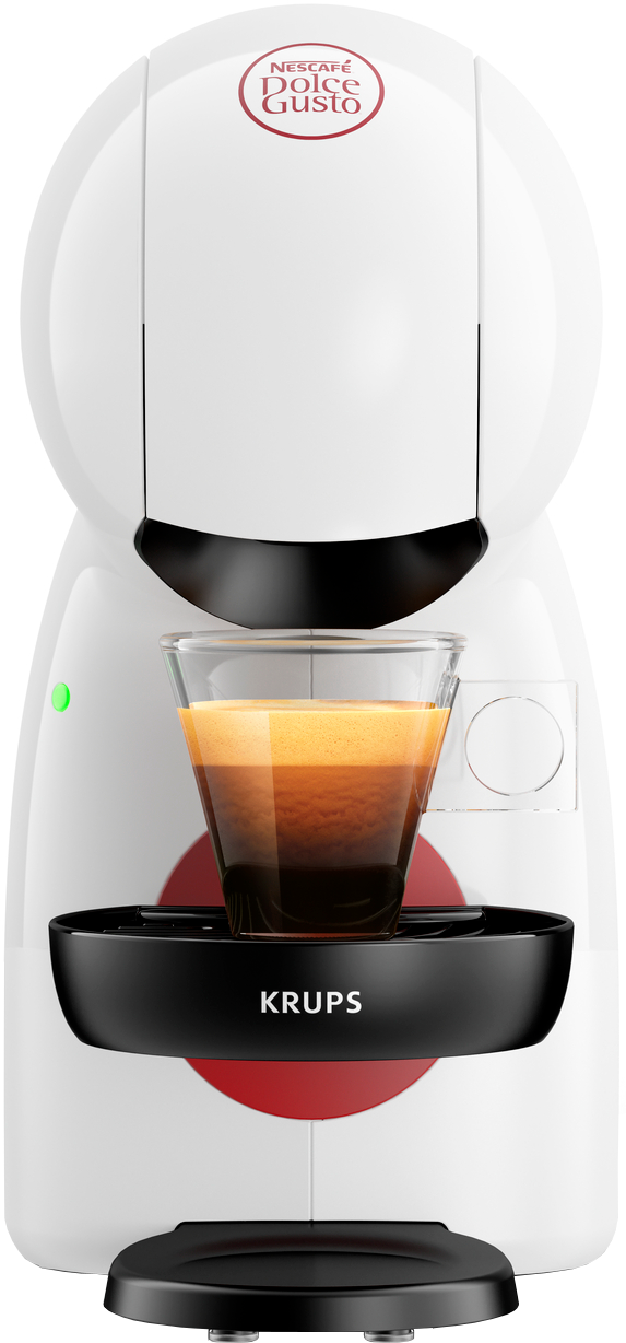 White Dolce Gusto coffee machine with a glass cup filled with coffee. Green power light is on.