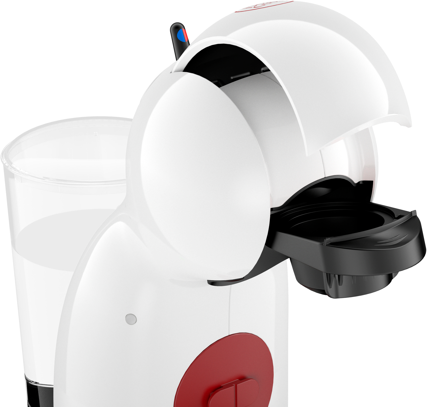White coffee machine with open top and black interior.