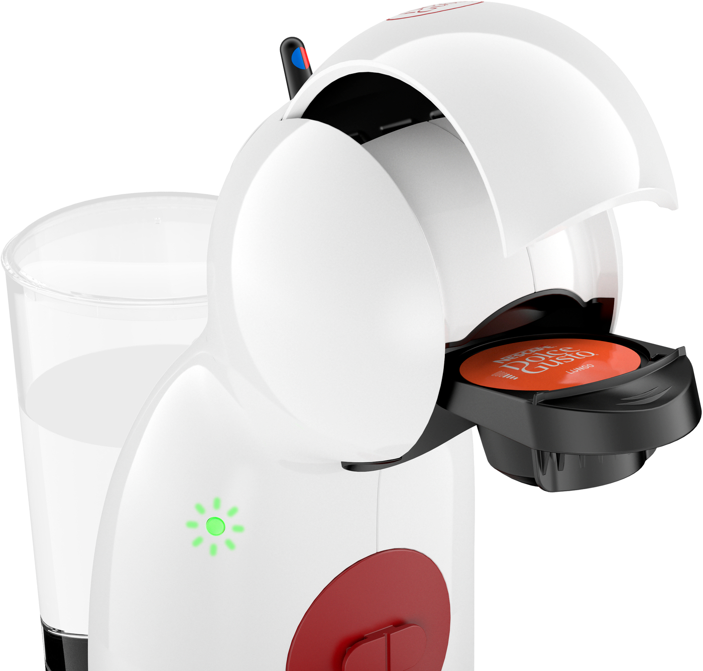 White and red coffee machine with open lid and orange coffee pod. Glass of water is present.