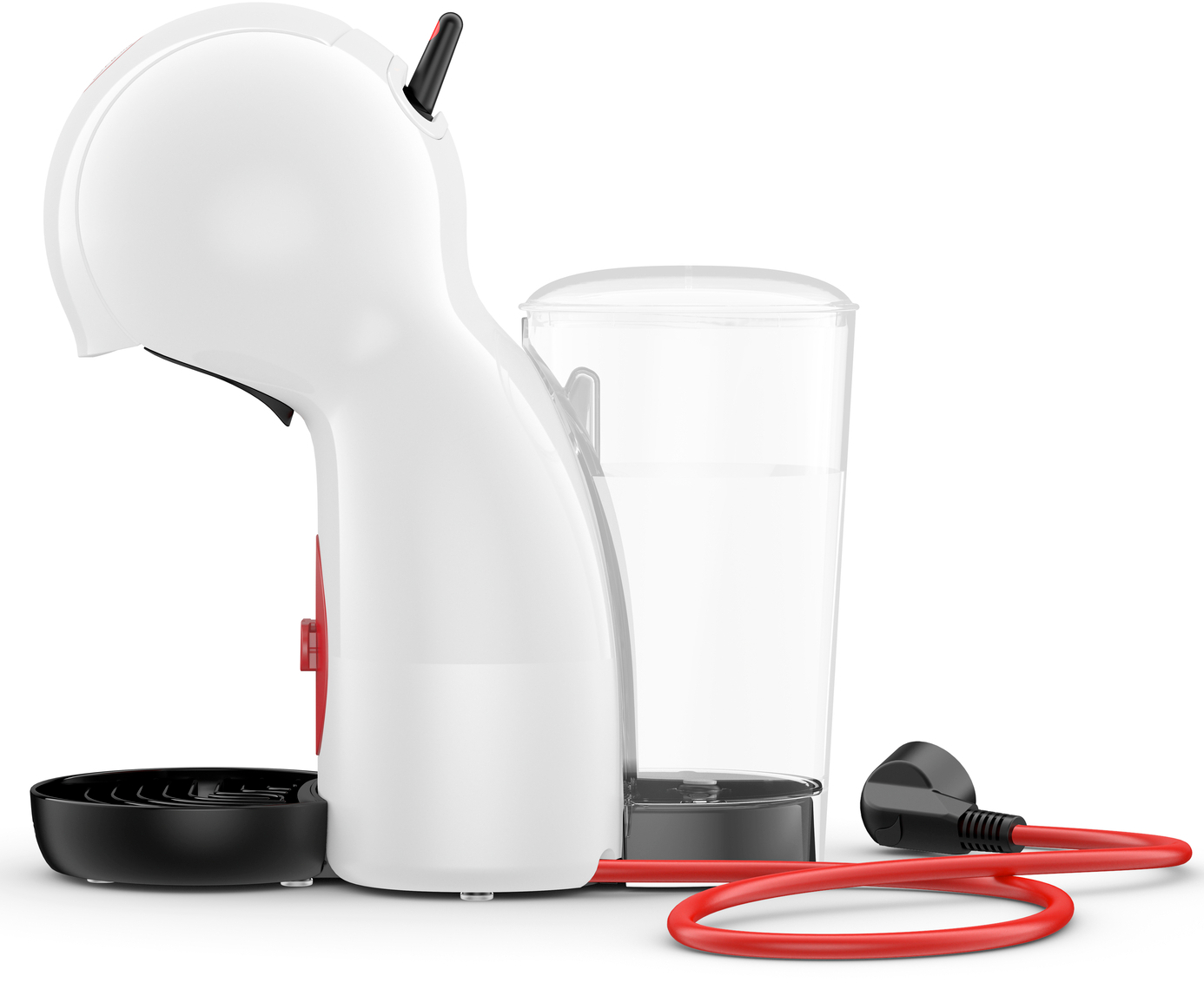A white coffee machine with a red button and a transparent water container.