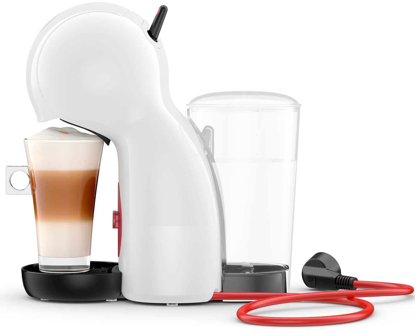 A white coffee machine with a red power cord, and a glass of layered coffee.