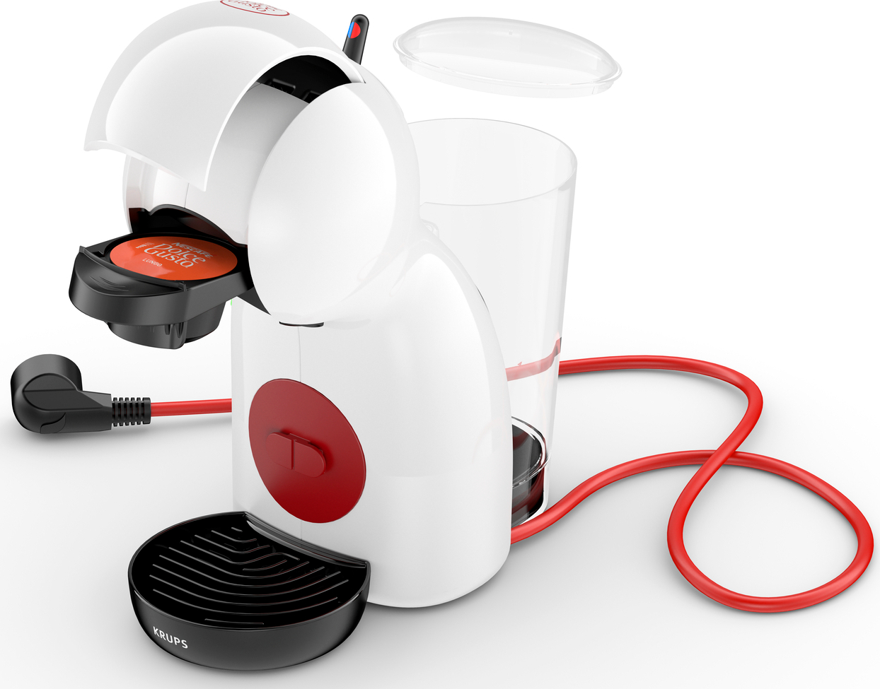 A white and red Krups coffee machine with a capsule, a water tank, and a power cord.
