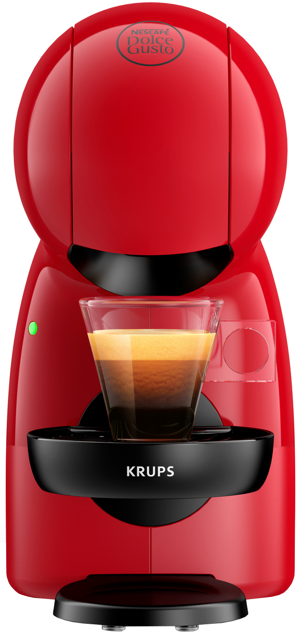 Une machine à café Krups rouge avec un verre de café. La machine a le logo Dolce Gusto. Le café est en couches.