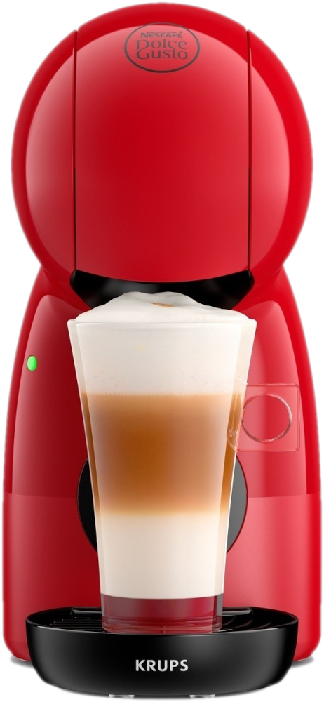 Machine à café rouge Nescafe Dolce Gusto avec un verre de latte macchiato en couches. La machine a une base noire.