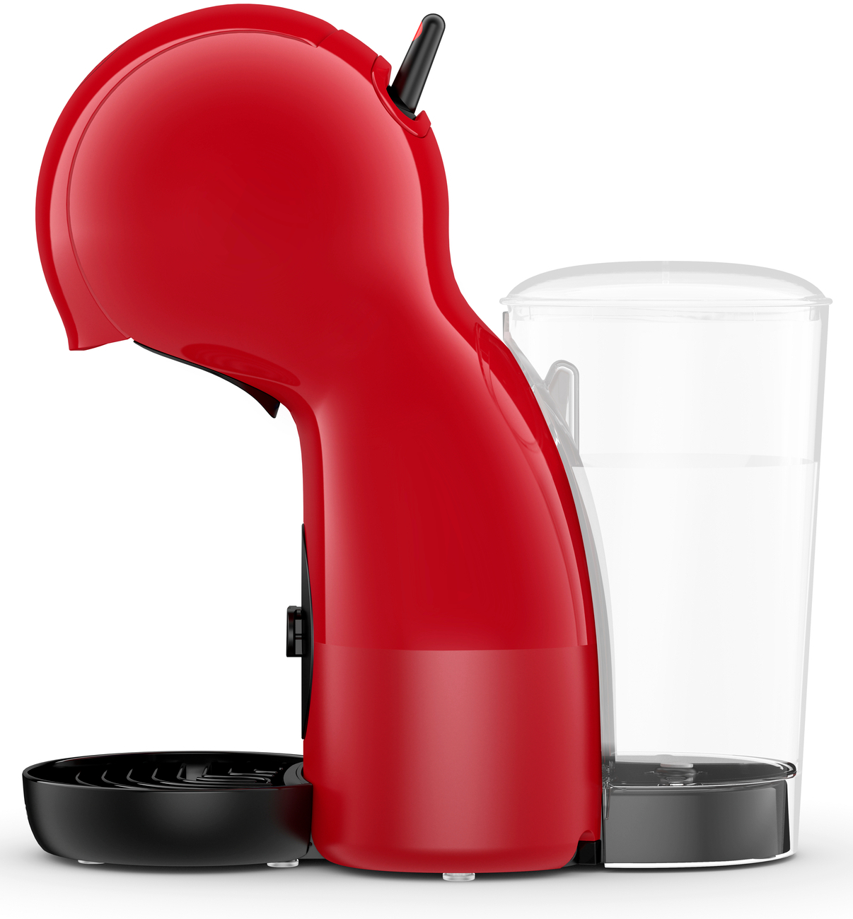 Une machine à café rouge avec un réservoir d'eau à droite. Elle a une base noire et un design incurvé, et un dessus noir.