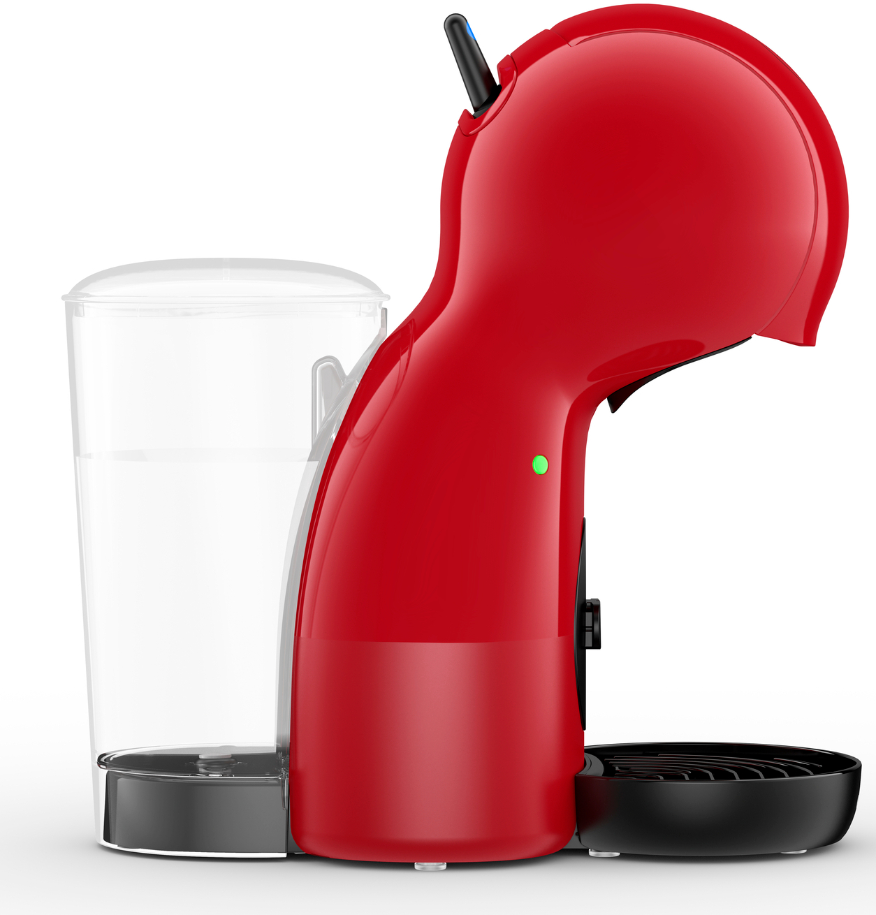 Une cafetière rouge avec un réservoir d'eau à gauche et un bac d'égouttement noir à droite, sur fond blanc.