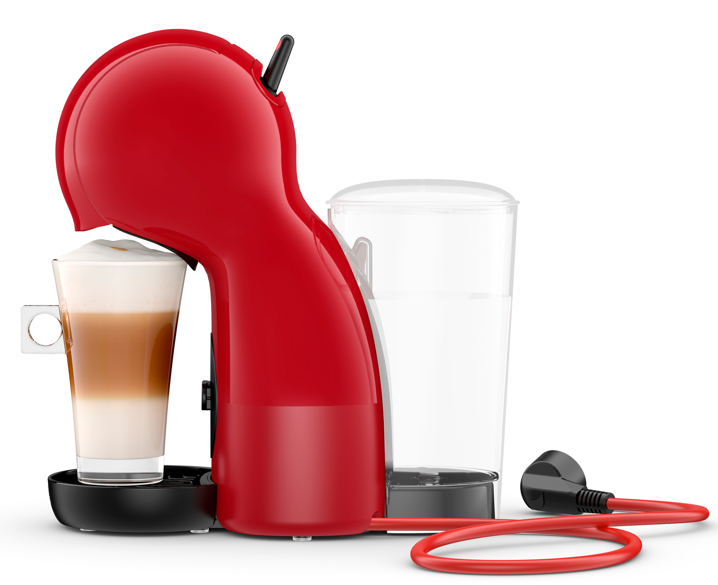 Une cafetière rouge avec un verre à latte, un récipient d'eau et un cordon d'alimentation rouge sur fond blanc.
