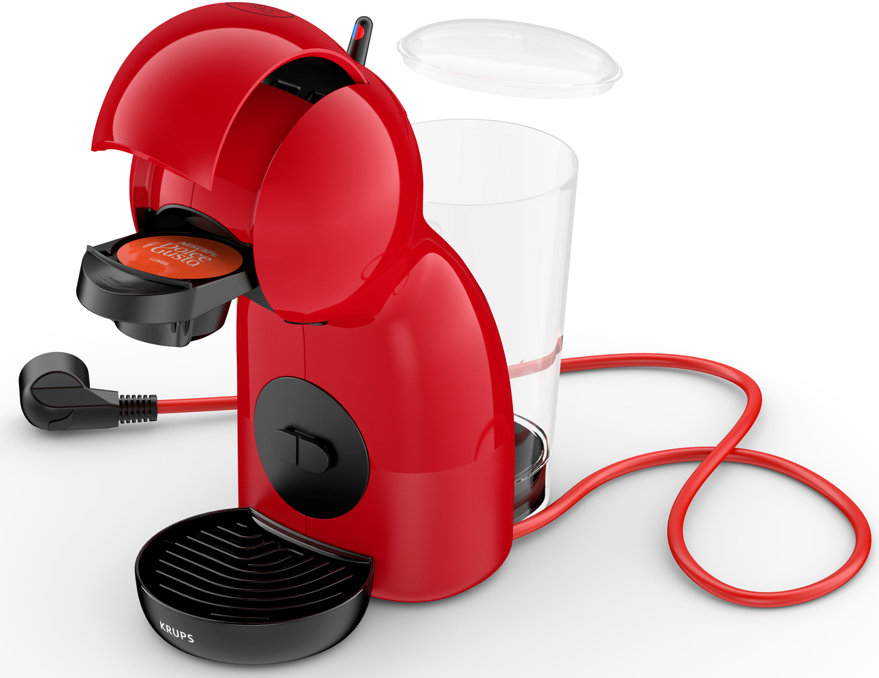 Une cafetière rouge Krups avec couvercle ouvert, capsule, réservoir d'eau et cordon d'alimentation rouge sur fond blanc.