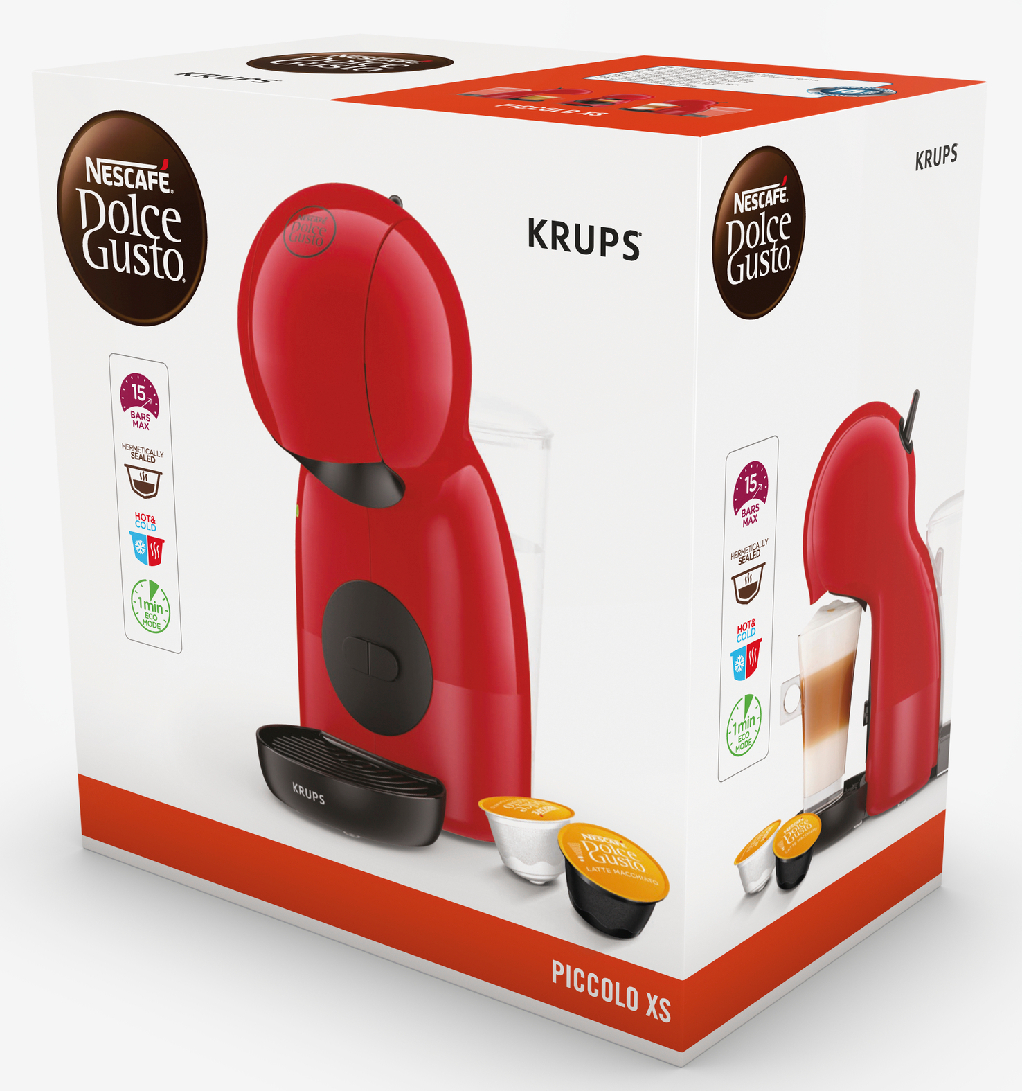 Une cafetière rouge Krups Dolce Gusto Piccolo XS sur une boîte blanche, avec des dosettes de café et une tasse de café.