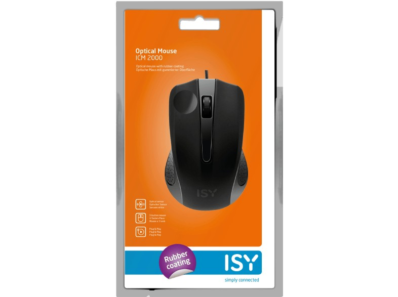 Un ratón óptico negro en su embalaje, con la marca 'ISY'.