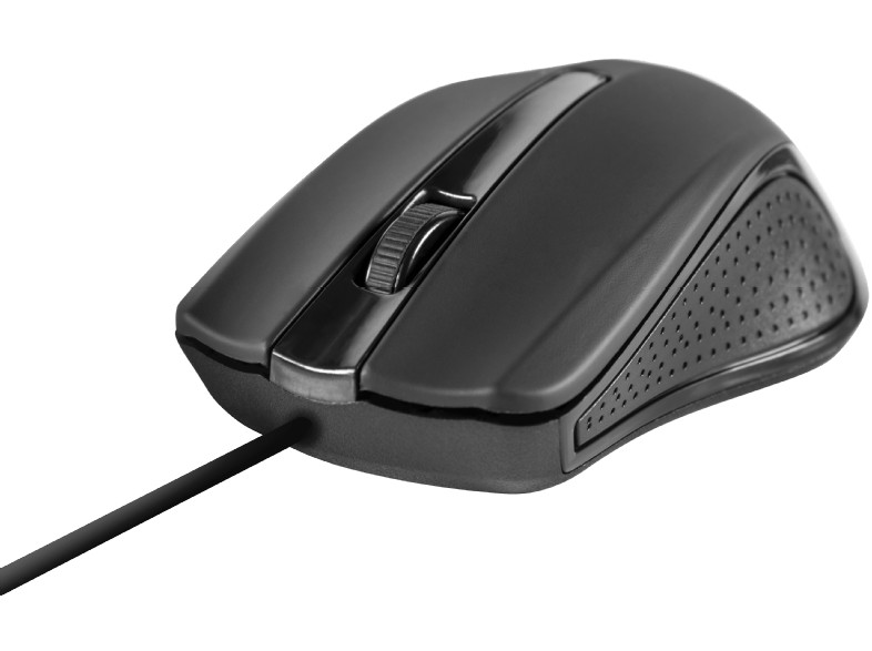 Ratón de ordenador negro con rueda de desplazamiento y conexión por cable.