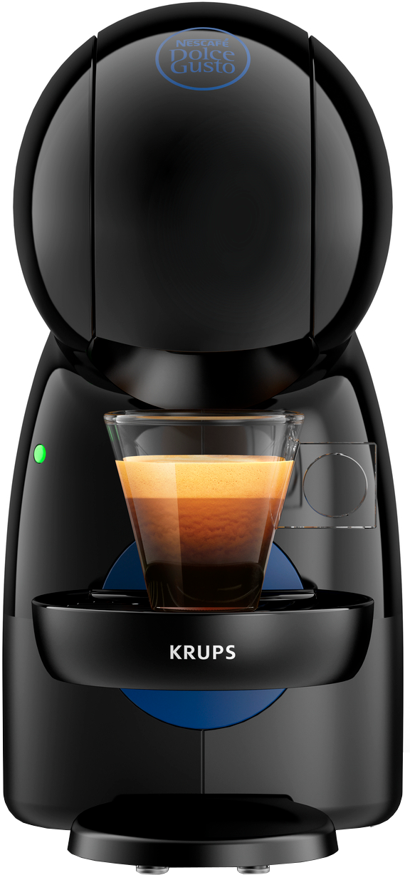 Een zwarte Krups Nescafe Dolce Gusto koffiemachine met een glas koffie.