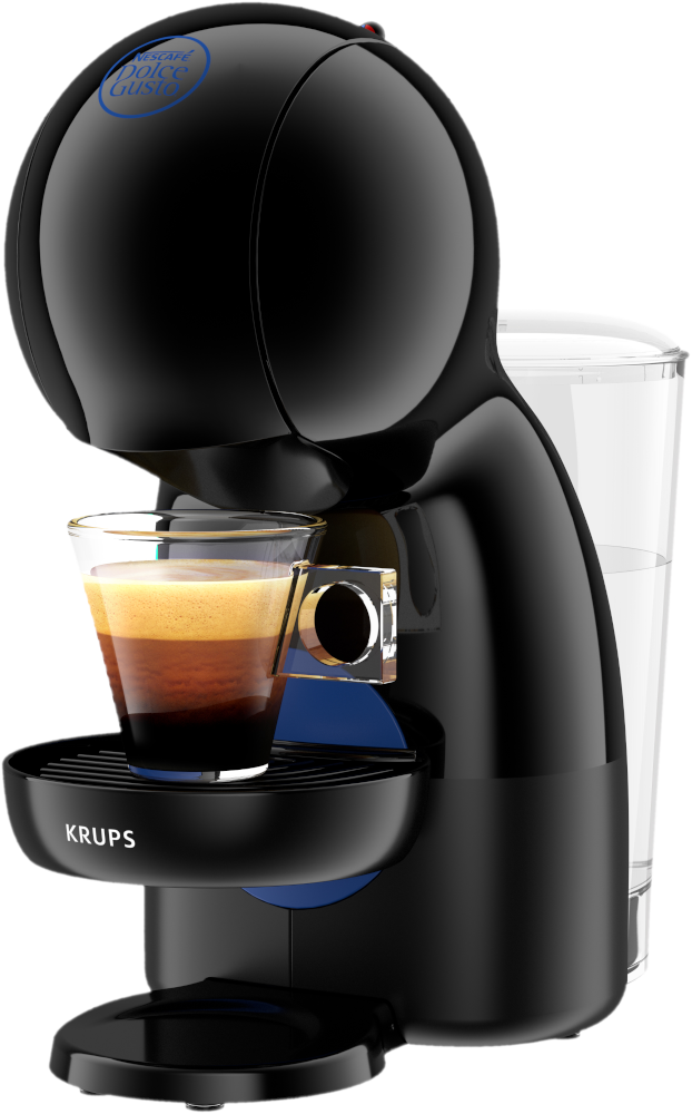 Zwart koffiezetapparaat met een glas espresso. Het heeft een watertank en de merknaam KRUPS.