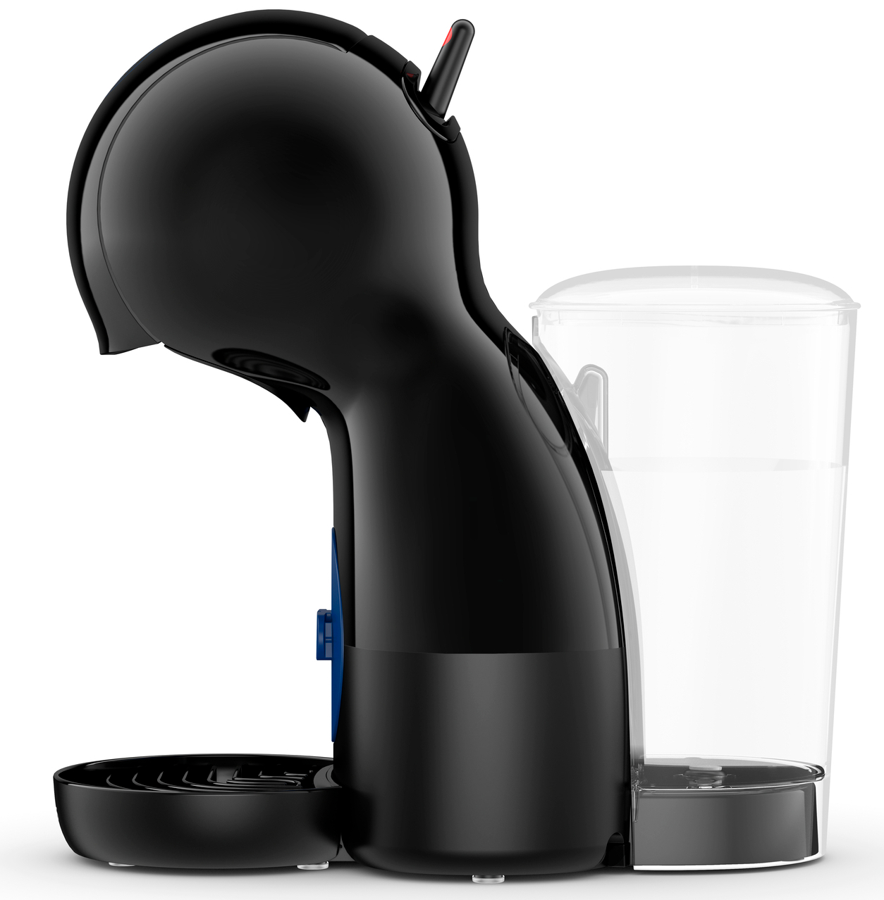Zwarte koffiemachine met een glas gelaagde koffie en een waterreservoir.