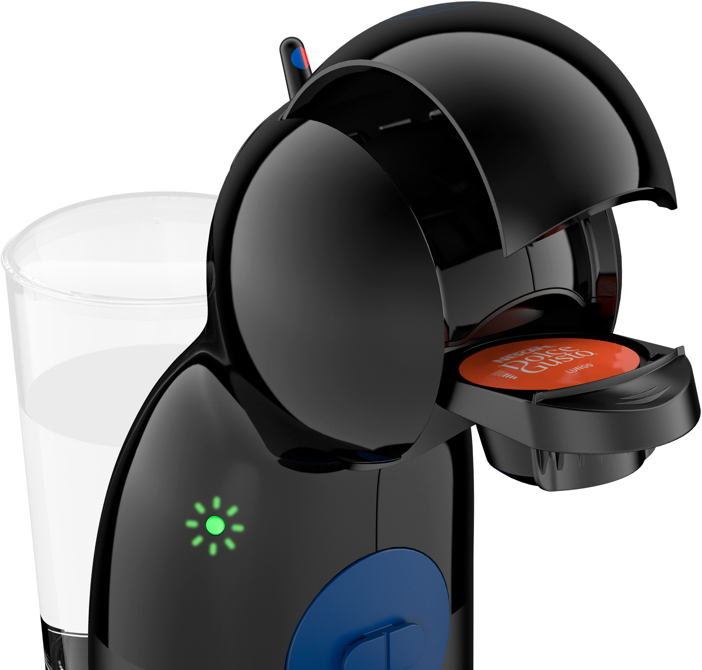 Zwarte koffiemachine met capsule en een glas water links.