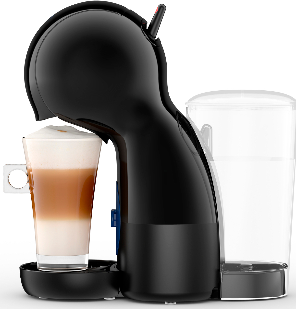Zwarte koffiemachine, een glas latte en een watercontainer.