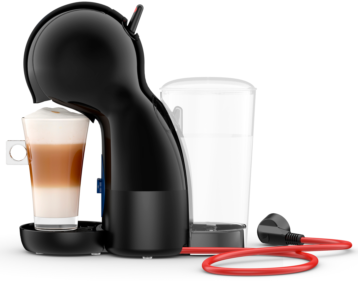 Zwart koffiezetapparaat met een glas gelaagde koffie en een watertank. Rood netsnoer.