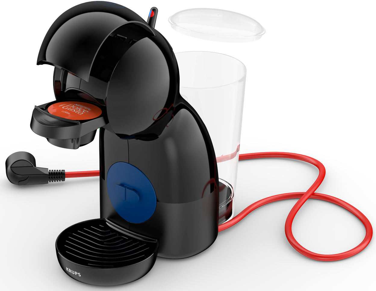 Zwarte Krups Nespresso koffiemachine met een rood netsnoer en kopje.