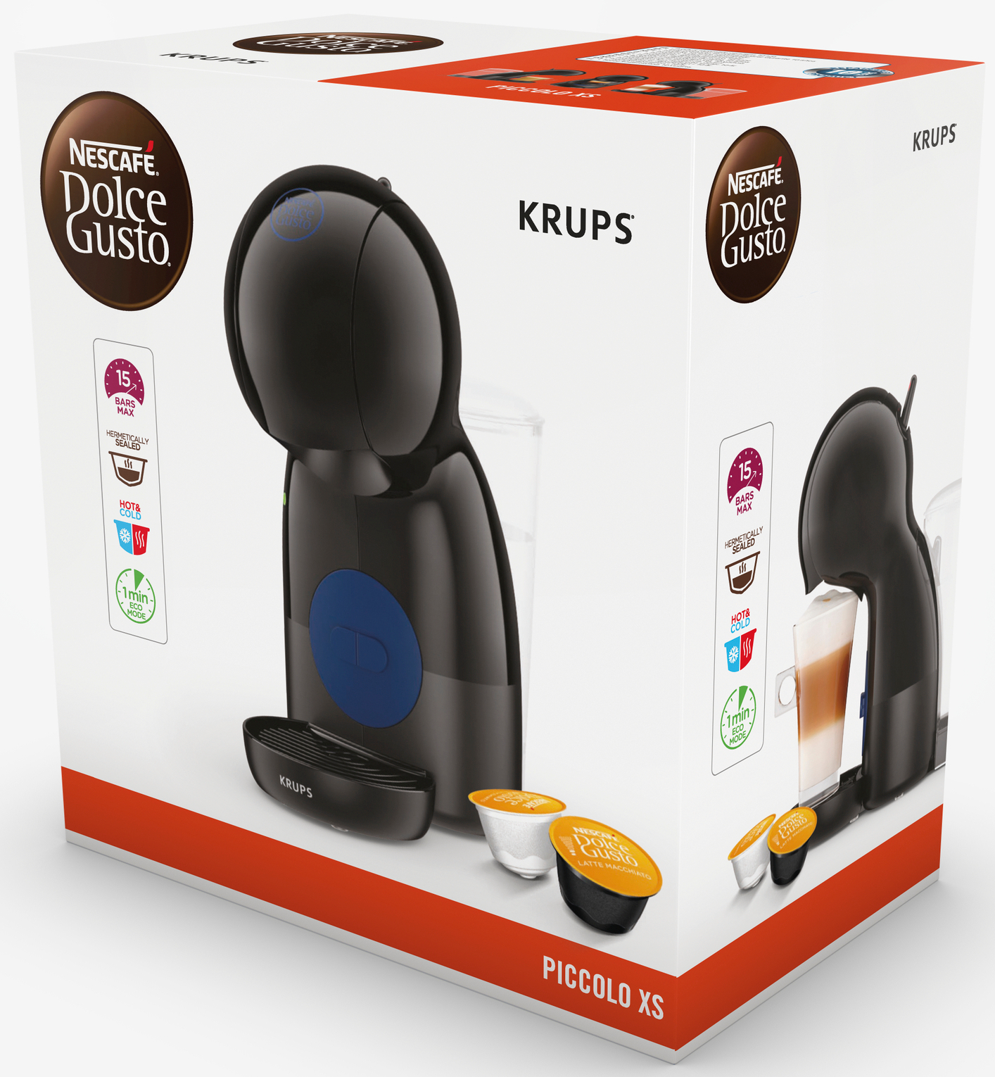 Koffiemachine, zwart en wit, met een doos. Witte achtergrond.