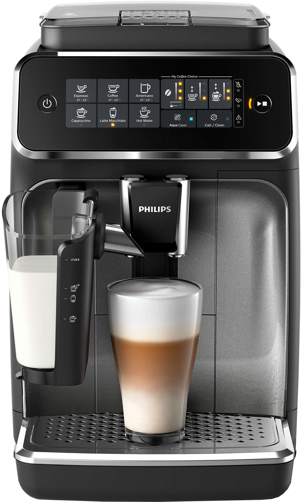 Une machine à café noire et argentée avec un récipient à lait et un verre de latte.