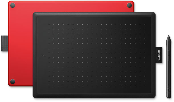 Une tablette graphique Wacom rouge et noire avec un stylet.